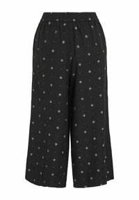 Melni plaši bikses ar elastīgu jostasvietu, ar ģeometrisku sudraba ornamentu un maziem raibām akcentiem visā audumā.