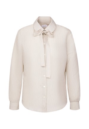 Camicia abbottonata in beige chiaro con sottili righe verticali, dotata di un dettaglio al collo con fiocco, maniche lunghe e polsini abbottonati.