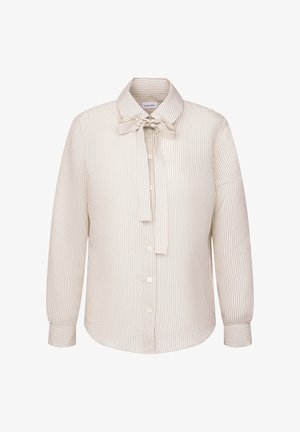Camicia abbottonata in beige chiaro con sottili righe verticali, dotata di un dettaglio al collo con fiocco, maniche lunghe e polsini abbottonati.