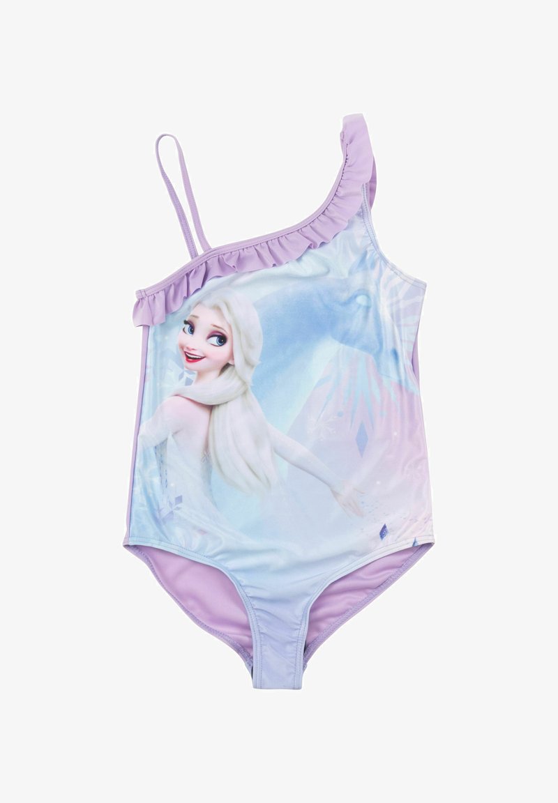 Costume da bagno intero viola con spallina sinistra a volant, presenta una grafica di personaggio su sfondo azzurro chiaro. Texture liscia.