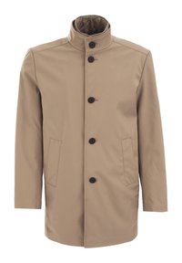 Béžová bunda s límcem na stojáka, zapínáním na pět černých knoflíků, dvěma postranními kapsami a hladkou texturou látky.