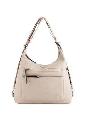 Beige Lederhandtasche mit einem lässigen Design, breitem Einzelträger, vorderer Reißverschlusstasche und glatter Textur. Verfügt über unauffällige Hardware-Akzente.