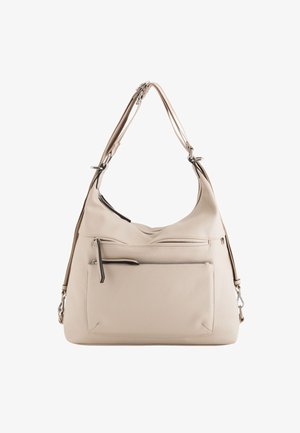 Beige Lederhandtasche mit einem lässigen Design, breitem Einzelträger, vorderer Reißverschlusstasche und glatter Textur. Verfügt über unauffällige Hardware-Akzente.