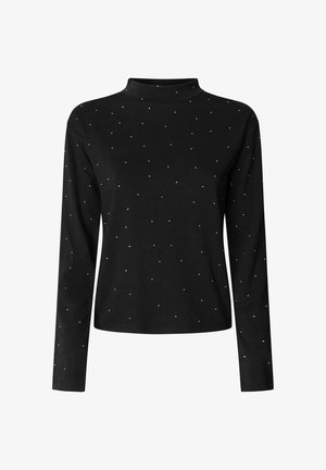 Haut noir à manches longues avec un col haut, présentant un motif dispersé de petites embellissements blanches sur le tissu. Texture douce.