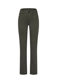 Olivgrüne Hosen aus weichem Baumwollmix mit geradem Bein, fünf Taschen und einem Knopfverschluss an der Taille.