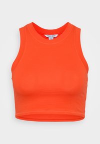 Orange cropped tank top made from soft fabric, featuring a round neckline and sleeveless design, with clean, finished hems.