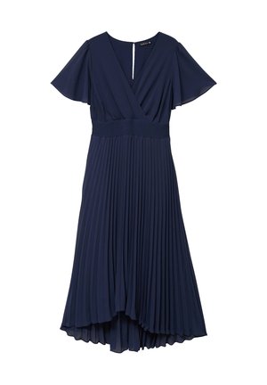 Robe midi bleu marine avec manches courtes volantées, corsage cache-cœur en V, taille élastiquée et jupe plissée avec ourlet asymétrique.