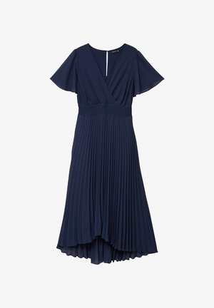 Robe midi bleu marine avec manches courtes volantées, corsage cache-cœur en V, taille élastiquée et jupe plissée avec ourlet asymétrique.