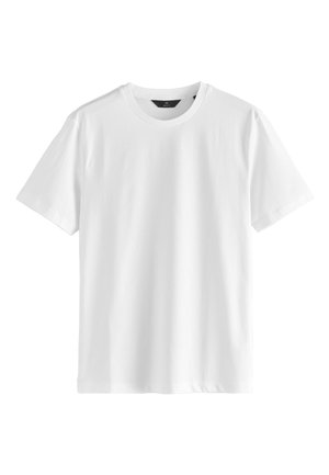 T-shirt bianca in cotone con maniche corte e scollo rotondo. Tessuto liscio, design semplice, senza motivi o accenti visibili.