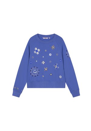 Blauwe sweatshirt met een ronde hals, versierd met verschillende bloemmotieven in wit, blauw en goud. Zacht materiaal met geribbelde boorden.