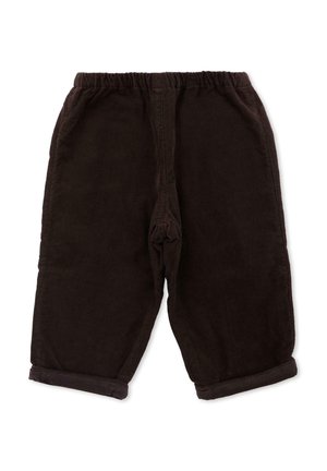 Pantaloni di cotone a coste marrone scuro con vita elastica, lunghezza cropped e orli arrotolati. La texture è a coste, offrendo una sensazione morbida.