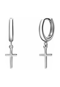 Zilveren creolen met een hangend kruis. Het ontwerp heeft een gepolijste afwerking en een gladde, cilindervormige vorm met een kleine haak.