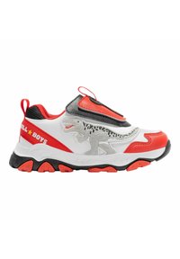 Sneaker bianche e rosse con una cintura nera texture e un grafico di un dinosauro sul lato. Presentano una suola in gomma con dettagli arancioni e un tirante.