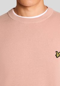 Άνδρας που φοράει πλεκτό πουλόβερ ανοιχτού ροζ χρώματος με λευκό μπλουζάκι με στρογγυλή λαιμόκοψη από κάτω, με ένα μικρό κίτρινο λογότυπο πουλιού στο στήθος.