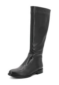 Stivale in pelle nera alto fino al ginocchio con finitura liscia, punta rotonda e tacco basso. Presenta un design elegante e dettagli di cucitura minimi.