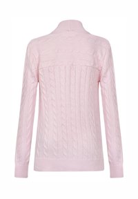 Maglione a treccia di colore rosa chiaro, con colletto alto, maniche lunghe e orlo a coste. Motivo testurizzato con design a treccia in rilievo.