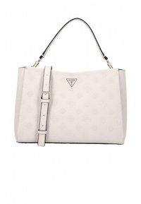 Bielá kabelka z reliéfnej kože so štruktúrovaným tvarom, vybavená horným uchom, nastaviteľným popruhom a trojuholníkovým logom.