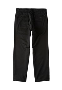 Black trousers made of cotton blend fabric. Features a straight leg, two back pockets with button closures, and a simple waistband design.