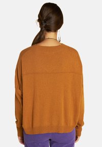 Lässiger, strukturiert geschnittener, burnt-orange Pullover mit rundem Ausschnitt und überschnittenen Schultern, von hinten betrachtet. Keine auffälligen Muster oder Beschläge.