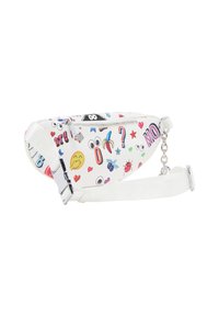 Marsupio bianco con emoji e motivi cartoon colorati, dotato di una zip in metallo argento e una tracolla regolabile.