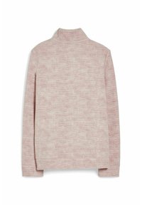 Lichtroze, zachte stoffen jas met een hoge kraag, lange mouwen en een subtiele gemêleerde textuur. Heeft een rechte snit aan de zoom.