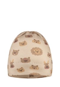 Beige cotton beanie featuring various animal faces in brown and orange tones. Rounded shape with soft texture and simple stitching detail.