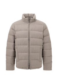 Siva podložena jakna z visokim ovratnikom, zadrgo in vodoravnim kviltanim dizajnom iz teksturirane tkanine ter dvema stranskima žepoma.