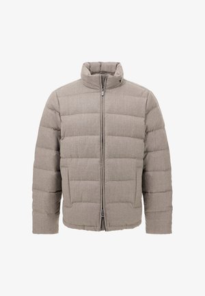 Giacca imbottita grigia con colletto alto, chiusura a zip e design a righe orizzontali con tessuto testurizzato e due tasche laterali.