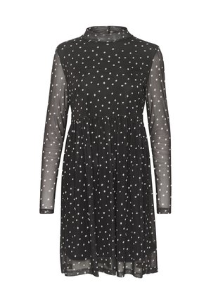 Schwarzes Kleid mit langen, transparenten Ärmeln, hohem Kragen und weißen Pünktchen. Ausgestellter Rock mit geraffter Taille. Leichtes, strukturiertes Material.