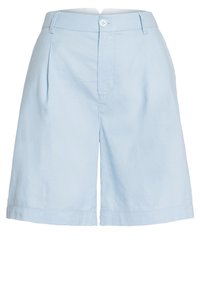 Light blue, knee-length shorts made of cotton blend. Features a relaxed fit, front pleats, single button closure, and stitched hem.