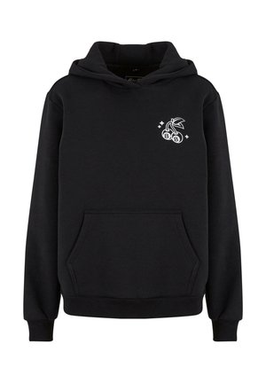 Svart hettegenser i bomull med kengurulomme, snorhette og hvit kirsebærgrafikk på venstre bryst. Ribbestrikkede mansjetter og hem.