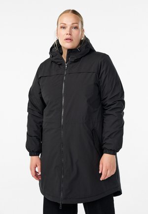 Black puffer coat with a hood, featuring a full zipper, elastic cuffs, and side pockets. Smooth texture with a longline silhouette.