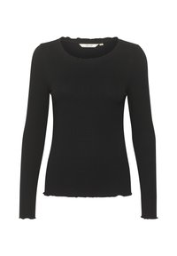 Top a maniche lunghe nero a coste con scollatura e orlo scallop. Realizzato in tessuto morbido con una silhouette aderente.
