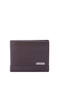 Portafoglio in pelle marrone con una superficie liscia, design a doppia piega e un emblema del marchio argento nell'angolo in basso a destra. Stile semplice e minimalista.