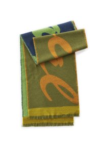 Wollschal mit einem auffälligen Design in Grün, Blau und Orange. Verfügt über fransige Kanten und abstrakte Formen, die Wärme und visuelles Interesse verbinden.