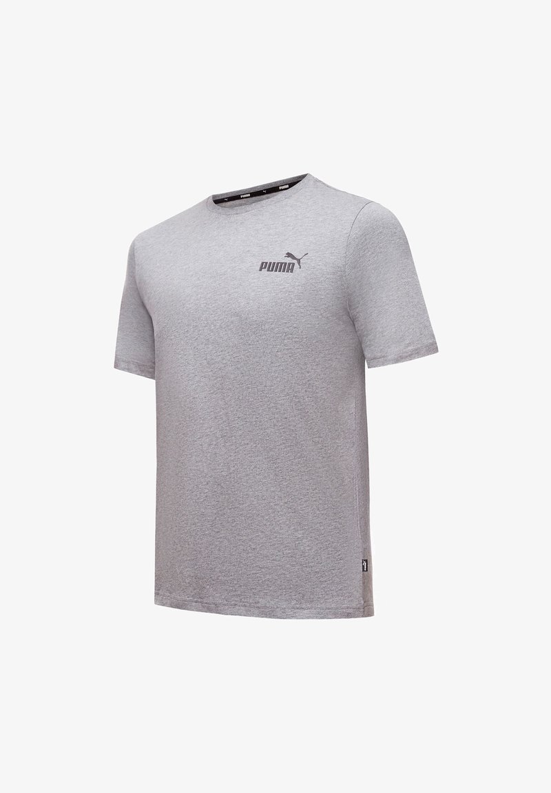 T-shirt Puma gris clair à manches courtes avec col rond et logo Puma gris foncé sur la poitrine gauche.