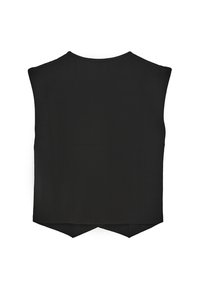 Schwarzes ärmelloses Oberteil mit einem runden Ausschnitt und gefalteten Schulternaht. Mit einem seitlichen Schlitzsaum und einem glatten, strukturierten Stoff.