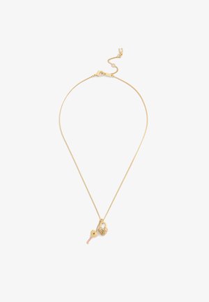 Gold-toned necklace with a fine chain featuring a heart-shaped lock and a key pendant, adorned with small accent stones.