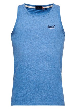 Niebieski bezrękawnik Superdry z okrągłym dekoltem i małym czarno-białym logo na lewej piersi.