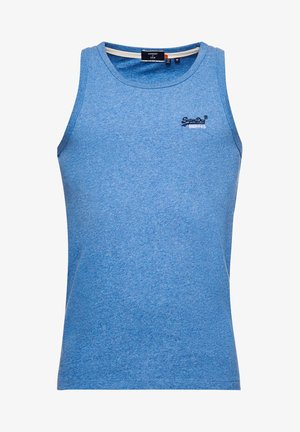 Débardeur bleu sans manches Superdry avec col rond et petit logo noir et blanc sur le côté gauche de la poitrine.