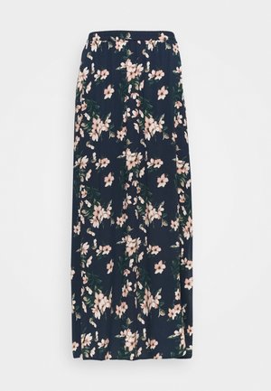 Lange marineblauwe rok met lichtroze en groene bloemmotief en een elastische tailleband.