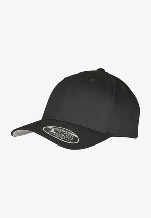 Black fitted cap with a curved brim, smooth fabric, and stitched details. Features a silver logo tag on the front.