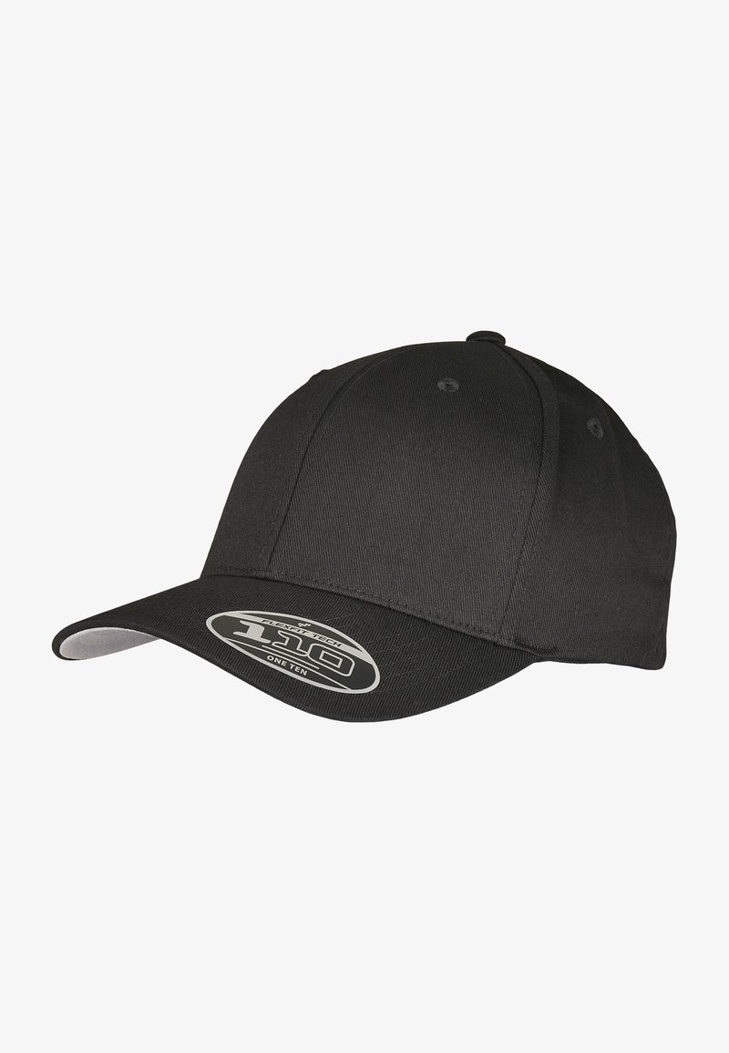 Casquette noire ajustée avec une visière courbée, en tissu lisse et avec des détails brodés. Elle présente une étiquette de logo argentée à l'avant.