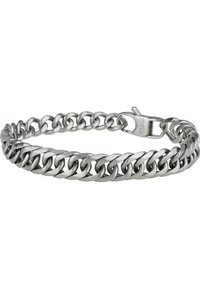 Bracciale in metallo argentato con maglie intrecciate, finitura lucida e chiusura sicura. Maglie di larghezza media, distribuite uniformemente.