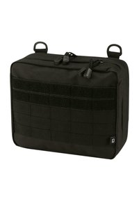 Black tactical bag with a rectangular shape, made of durable fabric. Features dual zip closures, webbing on the front, and top carrying handles.