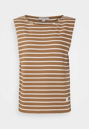 Haut marron sans manches avec des rayures horizontales blanches, un col rond et une petite étiquette de marque sur l'ourlet inférieur.