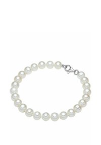 Weißes Perlenarmband mit runden Perlen einheitlicher Größe, jede mit einer glatten, glänzenden Oberfläche; gesichert mit einem silbernen Karabinerverschluss.