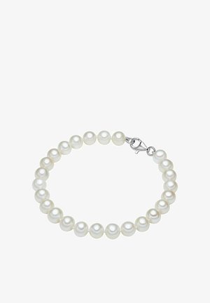 Weißes Perlenarmband mit runden Perlen einheitlicher Größe, jede mit einer glatten, glänzenden Oberfläche; gesichert mit einem silbernen Karabinerverschluss.