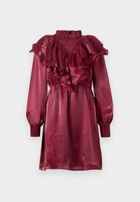 Burgunderfarbenes Satin-Minikleid mit gerafftem Ausschnitt und Ärmeln, langen Puffärmeln und tailliertem Schnitt. Glatte, glänzende Textur.
