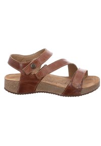 Brown leather sandal with multiple adjustable straps, a textured cork sole, and a rounded toe design. Features a circular metal accent.